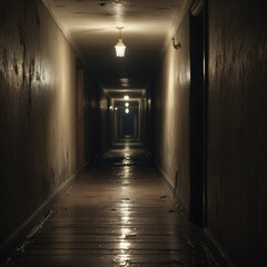 narrow moody corridor with vintage sconce and soft yellow illumination