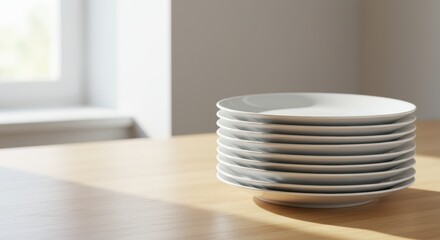 Stack of Empty Plates Side View Kitchen Restaurant Crockery Mockup Space