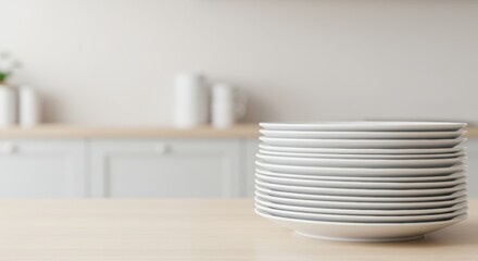 Stack of Empty Plates Side View Kitchen Restaurant Crockery Mockup Space