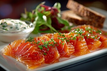 Plate of gravlax, cured salmon arranged elegantly, small bowl of sauce on side. Concept of sophistication, gravlax showcasing culinary art in warm indoor setting.