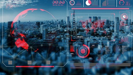 High-tech global network connection interface showing worldwide digital communication, data...
