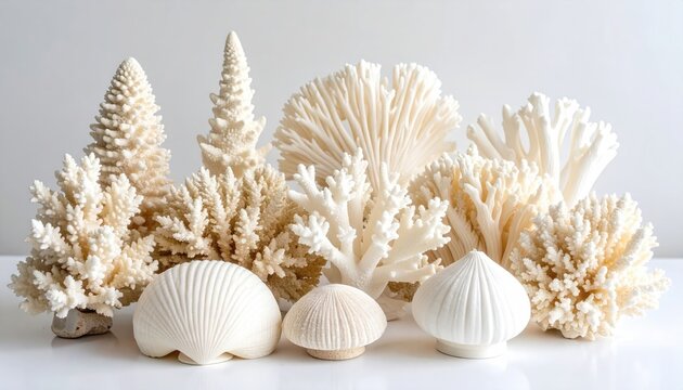 A display of various white coral and seashell ornaments