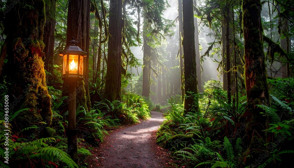 Poster serene forest path with lantern illuminating lush greenery and tall trees in a misty environment