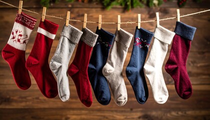 Festive Christmas Socks Hanging on a Clothesline with Rustic Wooden Background and Holiday Decorations