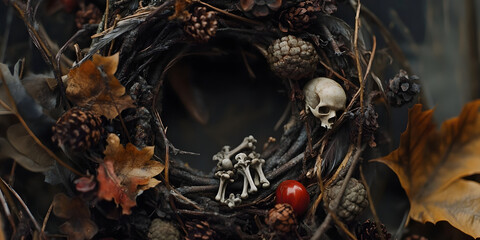 Autumnal Wreath Image, Skull Image, Dark Aesthetic Image, Gothic Bones Image, Macabre Leaves Image, Pinecone Image, Halloween Image
