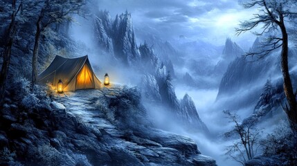 Misty mountaintop campsite under moonlight