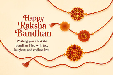 Decorative Raksha Bandhan Rakhis on Beige Background with Festive Wishes