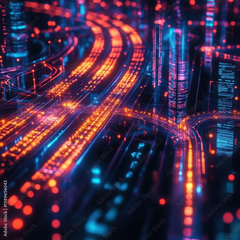 Poster dynamic glowing forms symbolizing the development of sustainable infrastructure in future cities wit