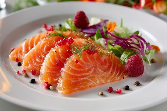 Plate with gravlax, cured salmon, topped with dill and pomegranate seeds, colorful salad with greens, carrots, radishes, raspberries. Concept of gravlax elegance and freshness.