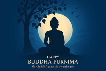 Peaceful Buddha Purnima Illustration Featuring Meditating Monk in Moonlight