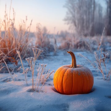 Orange pumpkin sitting in untouched snow on open field