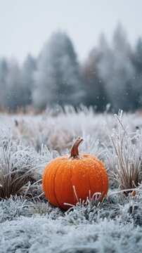 Pumpkin in snowy field with falling snowflakes