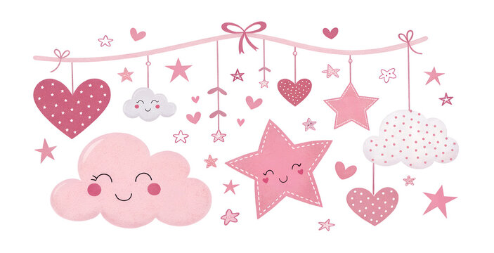 Soft pink baby mobile illustration with cute hanging elements like stars, hearts, and smiling clouds. Perfect for nursery design, baby announcement cards, or sleep-themed artwork - Powered by Adobe