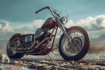 Gleaming chrome and weathered steel create a striking contrast on this custom chopper motorcycle, parked against a dramatic desert backdrop