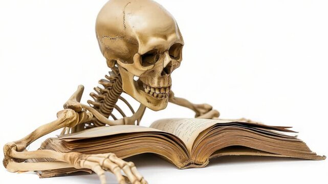 A skeleton sitting on top of an open book, surrounded by mysterious atmosphere