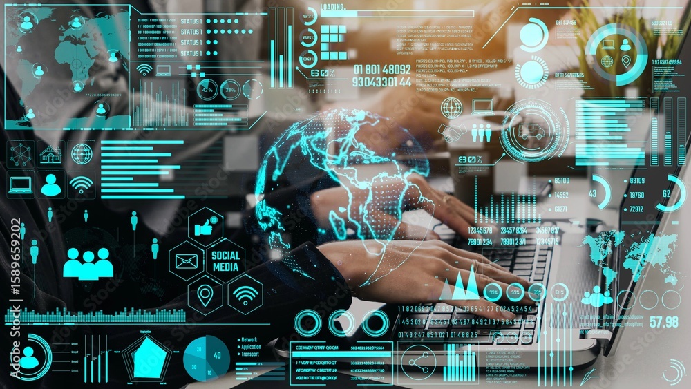 Poster data center monitoring dashboard visualize network performance, connection status, usage rate, and t