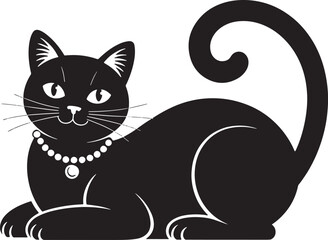 Obraz premium Elegant Black Cat Illustration with Pearl Necklace