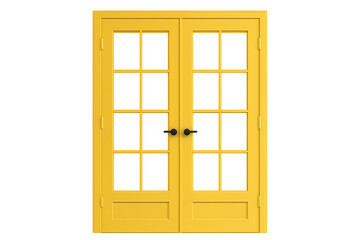 Bright Yellow French Doors with Clear Glass Panels and Black Hardware on a Neutral Background