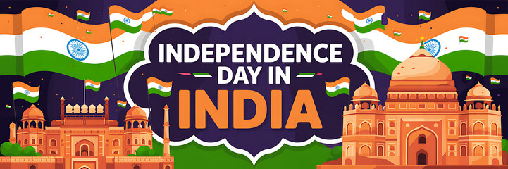 Indian Independence Day Banner. with Taj Mahal, fireworks, flag and diya decorations