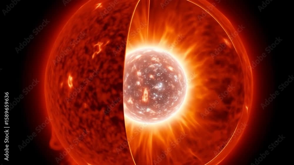 Poster cross-section of a fiery star - a digital video reveals a cross-section of a star, showcasing its in