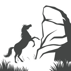 Rearing Horse Silhouette Facing Rock Formation in Grassy Landscape
