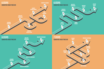 Isometric navigation map infographic 6-7 steps timeline concept.