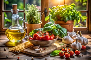 Fresh ingredients for italian cooking tomatoes, basil, garlic, and pasta by a window