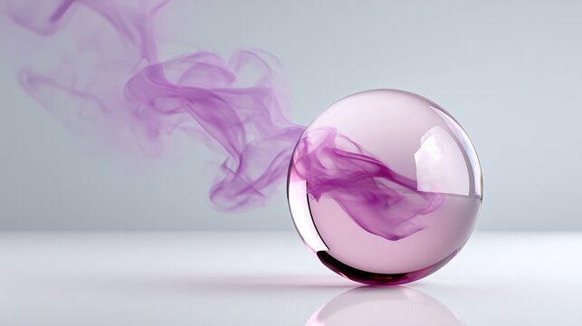 Glass sphere with purple smoke emanating from it. The smoke is purple and it is floating in the air