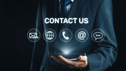 UI concept for contact us section showing icons for email, web, phone, and message. Contact and...