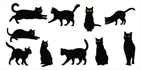 Black Cat Silhouettes Collection – Sitting, Walking, Playing Poses A vector illustration set of black cat silhouettes, perfect for Halloween pet designs
