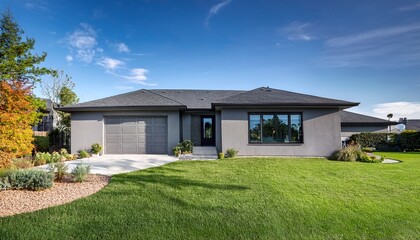 modern one story house with gray exterior arched entryway and lush green lawn under a blue sky
