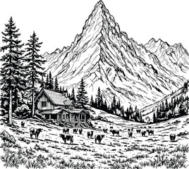 Black-and-White Vector Illustration of Mountain Landscape with Cabin & Grazing Cows – 1-Item Nature Scene Silhouette