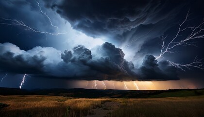 thunderstorms illuminated by lightning under dark cumulonimbus clouds in a nighttime landscape bad weather with thunderstorms in dark cumulonimbus clouds moving in the dark sky