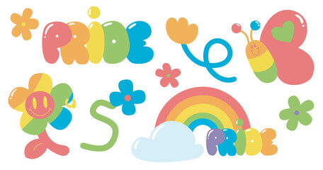Cute pride sticker set illustration. LGBTQIA rainbow collection vector.