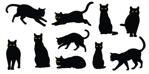 Black Cat Silhouettes Collection  Sitting, Walking, Playing Poses A vector illustration set of black cat silhouettes, perfect for Halloween pet designs