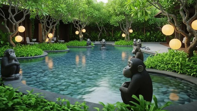 A tranquil oasis: Monkey statues adorn a serene pool in a lush green garden resort with decorative