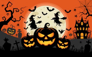 Spooky halloween night scene with witches pumpkins and haunted house