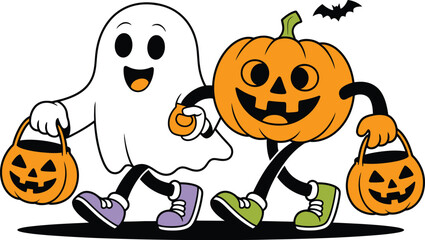 Fototapeta premium Cartoon Ghost and Pumpkin Characters Trick or Treating with Candy Buckets