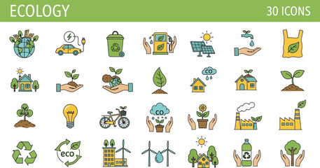 Ecology icons depict sustainable solutions and environmental conservation.