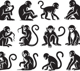 Black and White Monkey Silhouette Vector Set – Sitting, Walking, and Playing Poses