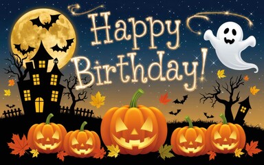 Spooky happy birthday scene with pumpkins and a ghost