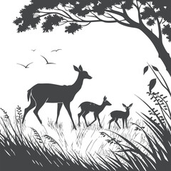 Silhouette of Deer Family in Forest Meadow with Grass and Trees
