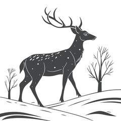 Silhouette of Majestic Deer with Antlers in Winter Forest Scene
