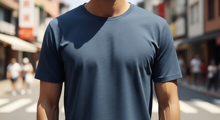A close up displays a crew neck t-shirt on a figure walking in a cityscape setting.