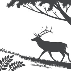 Silhouette of Majestic Stag Walking Under Tree Canopy in Nature Scene
