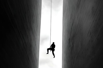 Silhouette of rappelling man between concrete walls providing a dramatic and powerful image