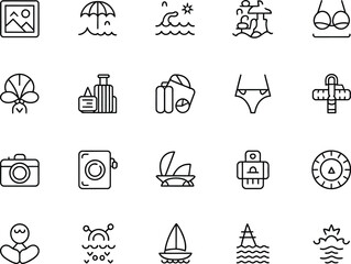 Fototapeta premium Black Outline Travel Icon Set Summer Vacation, Camera, Beach Items, Isolated on White