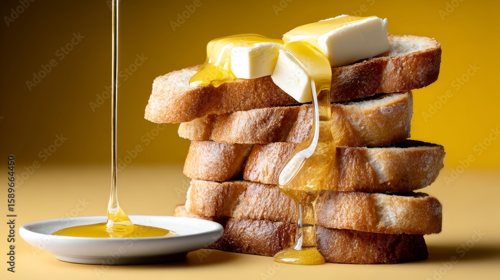 Poster stack of buttered toast with a drizzle of honey on top
