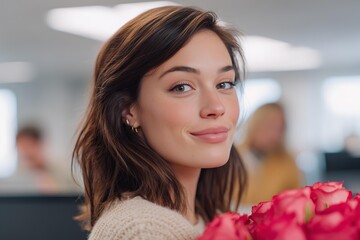 A young woman joyfully receiving a surprise flower delivery on Valentine's Day, expressing happiness and affection indoors with natural light.
