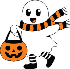 Obraz premium Cartoon Ghost with Pumpkin Basket and Striped Scarf
